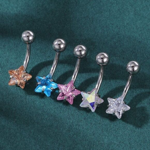 14G 316L Star Cubic Zirconia Barbell Belly Button Navel Rings -  Set of 10 - Picture 3 of 7